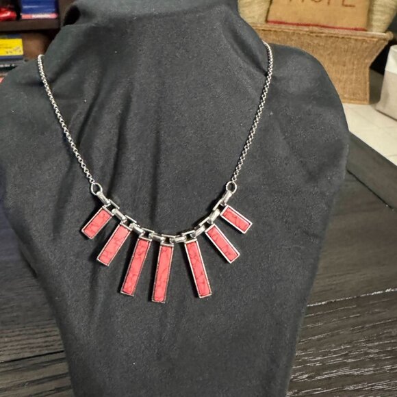 Charming Charlie Silver Tone Rectangle Statement Necklace Red Crackle Effect 26" - Picture 1 of 6